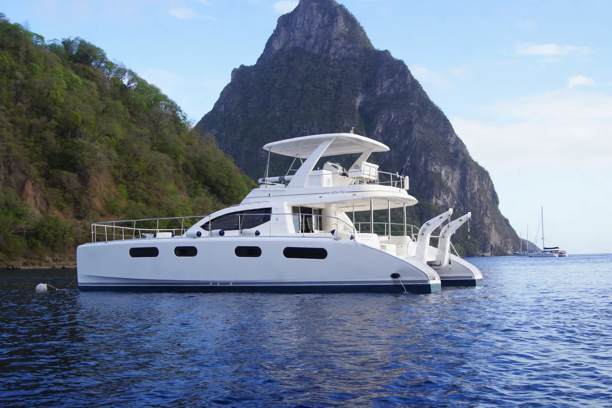Island Girl luxury power catamaran anchored before the Pitons of St. Lucia
